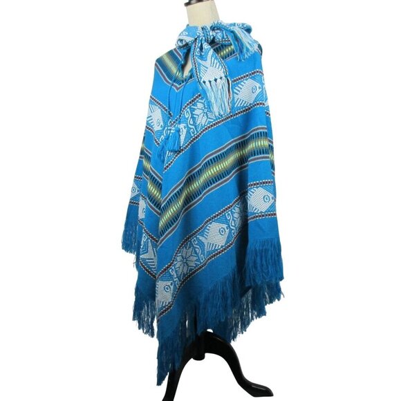 Vintage Womens Wool Aztec Fringed Scarf Neck Poncho O/S Handmade in Ecuador - Picture 2 of 7